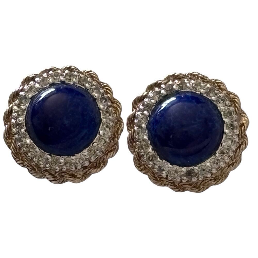 Panetta Faux Lapis Lazuli Glass Cabochon Rhinestone Gold Tone Pierced Earrings